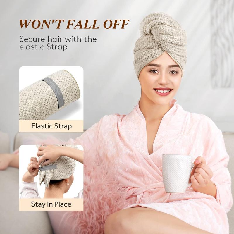 Hair Drying Towel, Solid Color Microfiber Soft Absorbent Hair Wrap Towel with Elastic Strap, Large Hair Turban Towel for Wet Hair, Dorm Essentials, Girlfriend Gifts