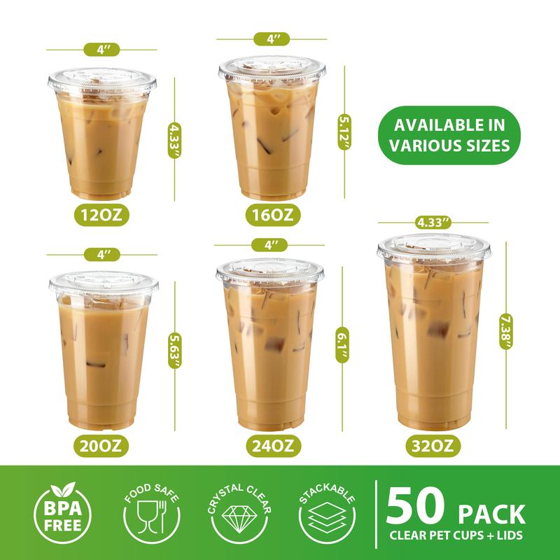 50-Pack Clear Plastic Cups with Flat Lids - 12 16 20 24 oz, Disposable PET Crystal Party Cups - Perfect for Coffee, Fruit Juices and Cold Beverages