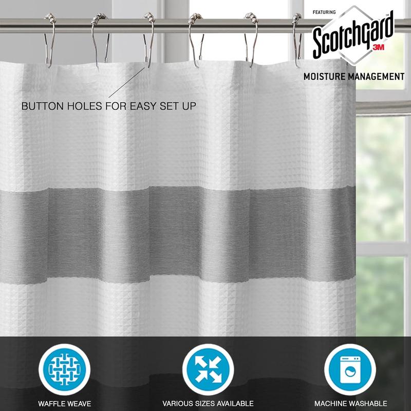 Shower Curtain Waffle Weave Striped Pieced Design Fabric Shower Curtains for Bathroom with 3M Scotchgard Moisture Management Premium Spa Quality Modern