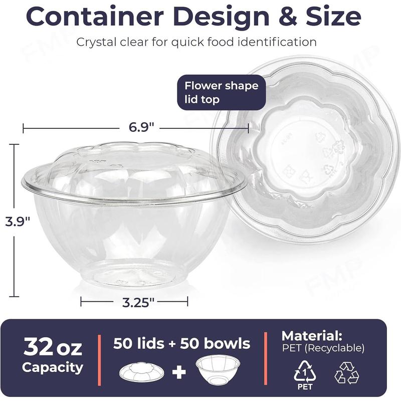 50 Pack 32 oz Disposable Plastic Clear Salad Bowls with Airtight Lids, Crystal Salad Bowls To Go for Lunch, BPA Free Food Takeout Containers, Acai Bowls for Meal Prep, Party, Severing kitchen bowl