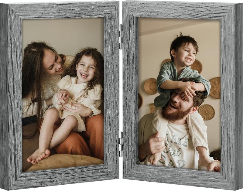 Double 4x6 Picture Frame Vertical, Engineered  Bifold Photo Frame with Plexiglass for Tabletop Display, Double Picture Frames 4x6 Grey