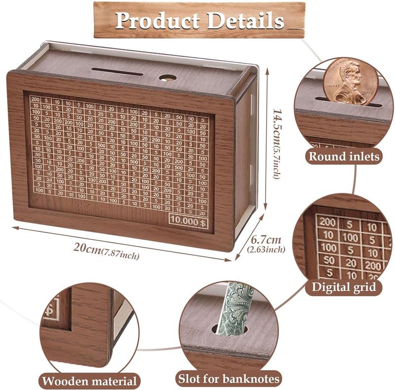 Cash Vault Wooden Savings Box, 2024 New Wooden Cash Saver Money Box, Cash Saver Box, Coin Counter Piggy Bank, Money Box with Counter, Wooden Money Box with Money Target and Numbers($10000)