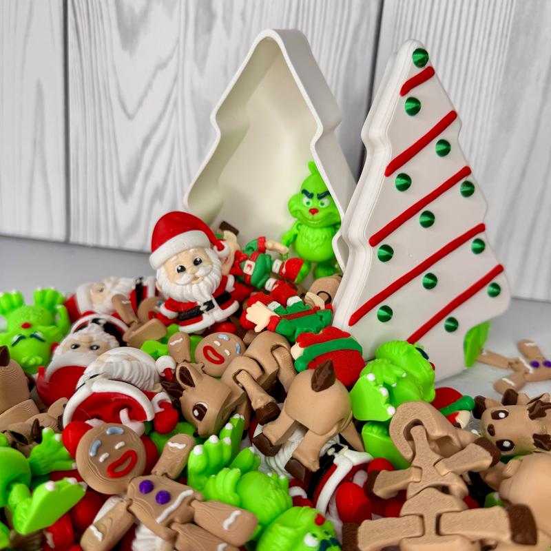 Christmas Mini Articulated Figures Set - Santa, Green Grump, Elf, Gingerbread Man, Reindeer - 3D Printed Holiday Toys