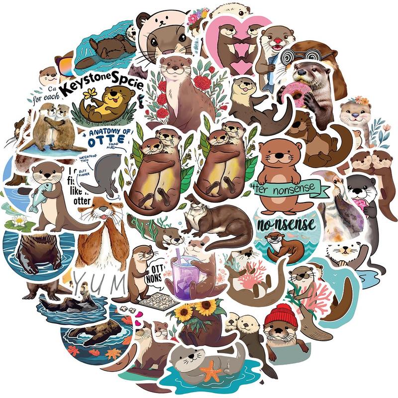 Otter Pattern Sticker, 50pcs Waterproof Self Adhesive Decor Paper, Decor Sticker for Gift Greeting Card Water Bottle Laptop Phone