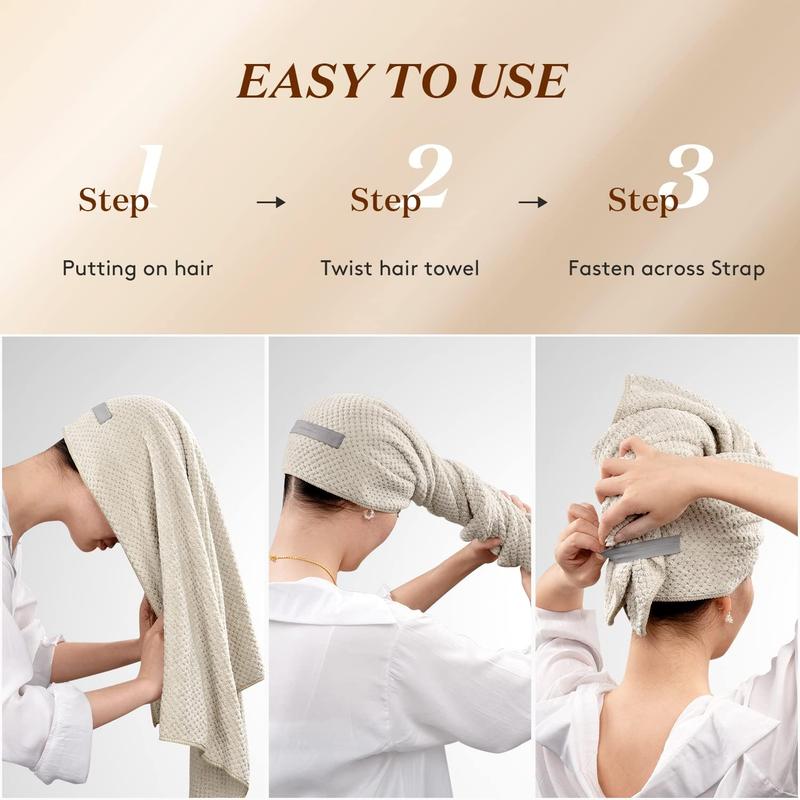 Hair Drying Towel, Solid Color Microfiber Soft Absorbent Hair Wrap Towel with Elastic Strap, Large Hair Turban Towel for Wet Hair, Dorm Essentials, Girlfriend Gifts