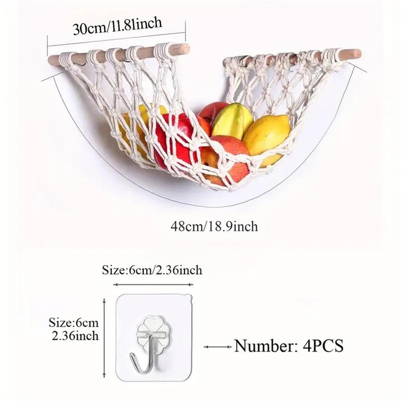 Hanging Fruit Basket, Wooden Hanging Fruit Storage Basket with 4 Hooks, Creative Fruit & Vegetable Hammock for Home Kitchen