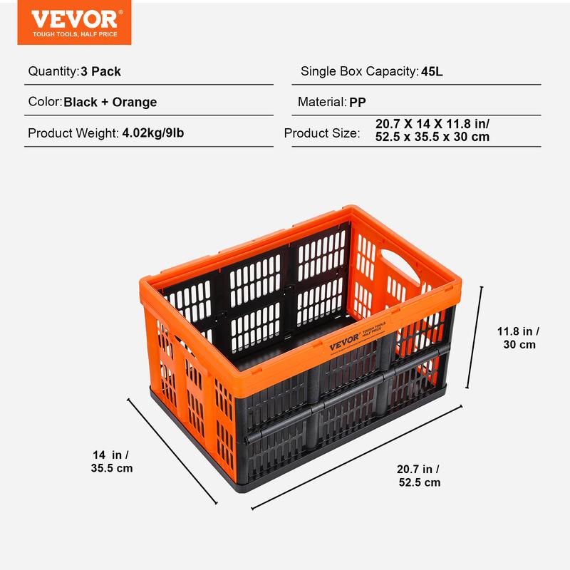 VEVOR Plastic Collapsible Storage Basket, 45L 3 Packs, Folding Stackable Storage Containers Bins with Handles, Large Heavy Duty Containers for Clothes, Toys, Books, Snack, Shoes and Grocery Organizing Box Organiser