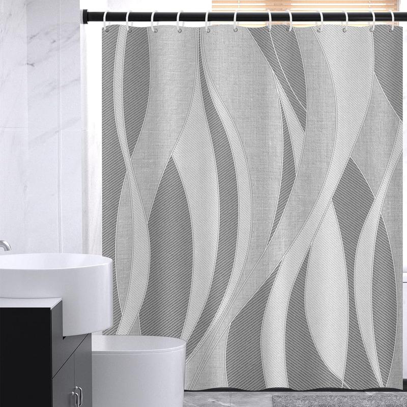 KAIRA Modern Grey Wave Pattern Shower Curtain with Hooks, 72