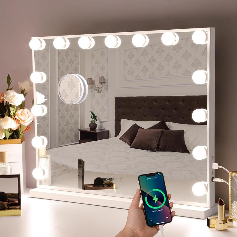 Vanity Mirror with Lights, 22''x18'' Hollywood Mirror, Makeup Mirror with 15 Dimmable Bulbs, 10X Magnification and USB Charging Port, White