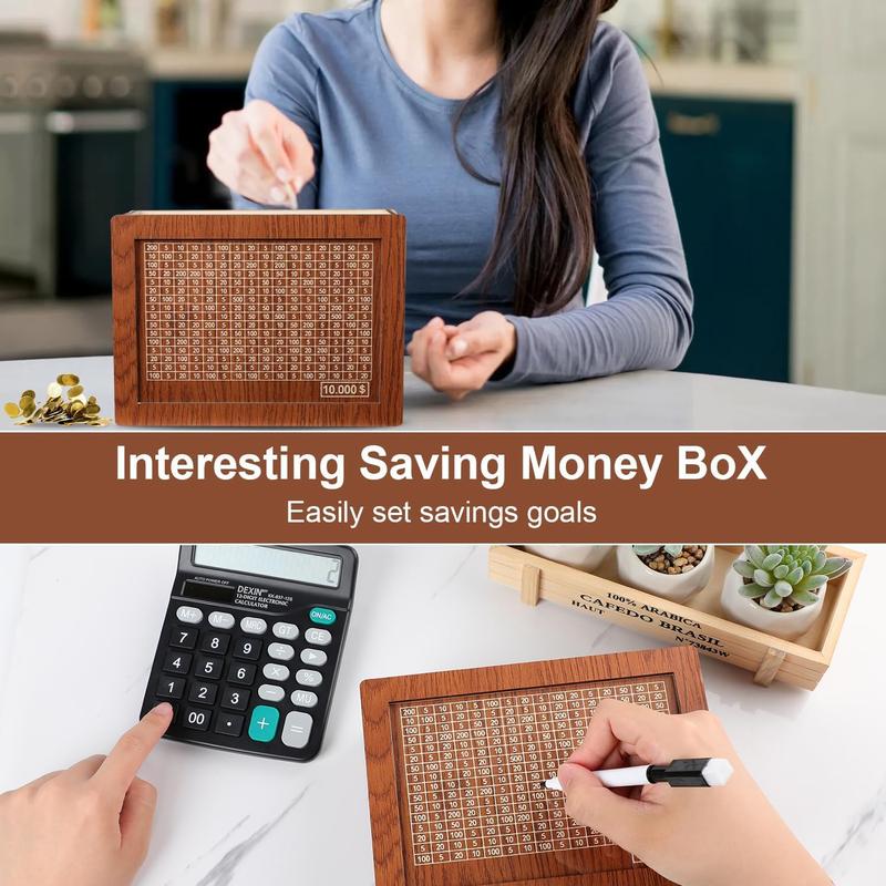 Cash Vault Wooden Savings Box, 2024 New Wooden Cash Saver Money Box, Cash Saver Box, Coin Counter Piggy Bank, Money Box with Counter, Wooden Money Box with Money Target and Numbers($10000)