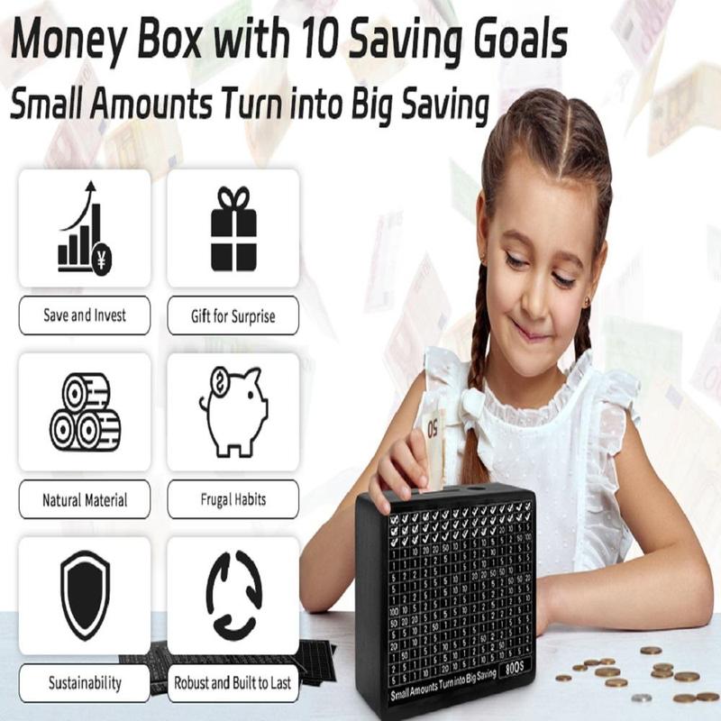 Wooden Piggy Bank, 1 Count Desktop Money Saving Box with 10 Targets Stickers & Pen, Money Saving Box for Adults & Kids Gift