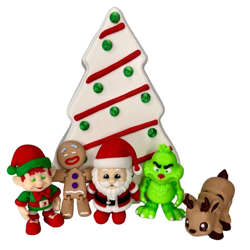 Christmas Mini Articulated Figures Set - Santa, Green Grump, Elf, Gingerbread Man, Reindeer - 3D Printed Holiday Toys