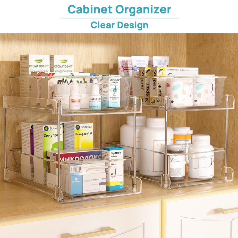 [Black Fridayl]Vtopmart 2 Tier  2-4 Pack Clear Bathroom Storage Organizer, Kitchen Pull-Out Organization with Track  For Under Sink , Medicine, Pantry