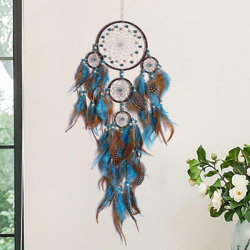 Large Dream Catchers Blue 5 Circles Feathers, Handmade Indians Traditional Circular Net for Wall Hanging Decor, Bedroom Kids, Home Decoration Wedding Party Blessing Christmas Thanksgiving Gift