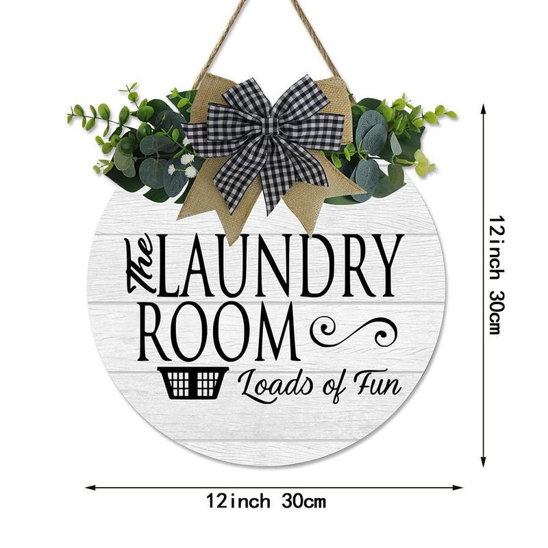 Laundry Room Sign, 1 Count Letter Pattern Wreath Decor Round Wooden Wall Art, Hanging Decoration for Laundry Room