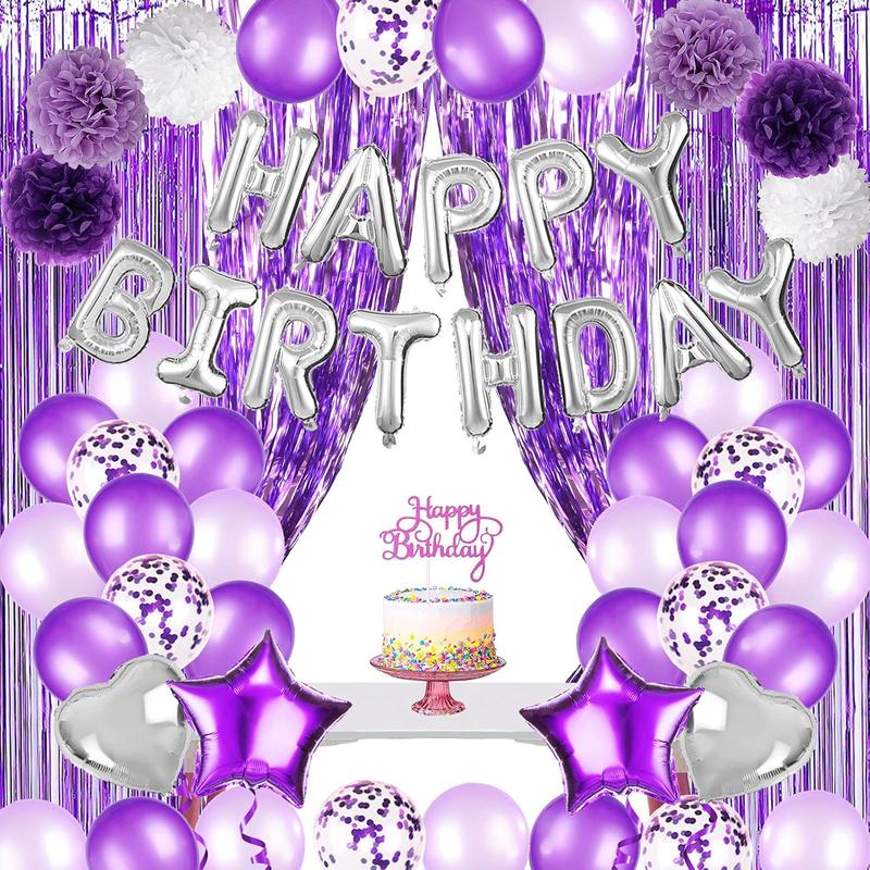 Purple Birthday Decorations Set for Women or Girl with Happy Birthday Balloons,Birthday Cake Topper, Paper Pompoms for Baby Birthday Accessory Party Souvenir