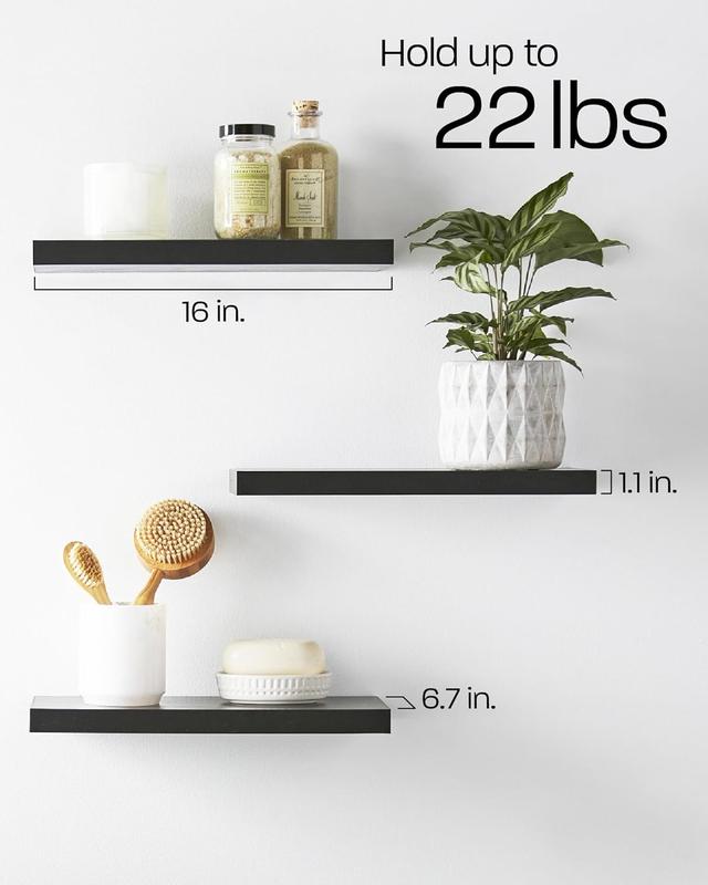 3 Pieces Floating Shelves for Wall, Wall Mounted Rustic Wood Shelves - with 22lbs Capacity, Black, 16 inches