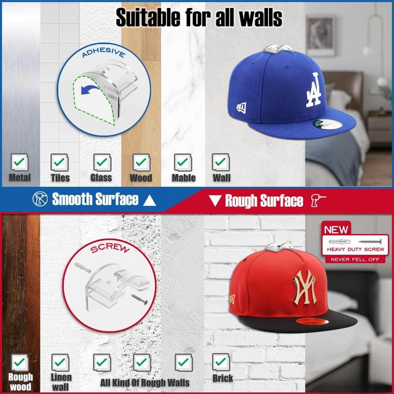 Hat Hooks for Wall - 2 Different Ways Hat Racks & Display Baseball Caps, Adhesive Hat Wall Hanger, Hat Organizer Holder (Transparent, 12 Pack)