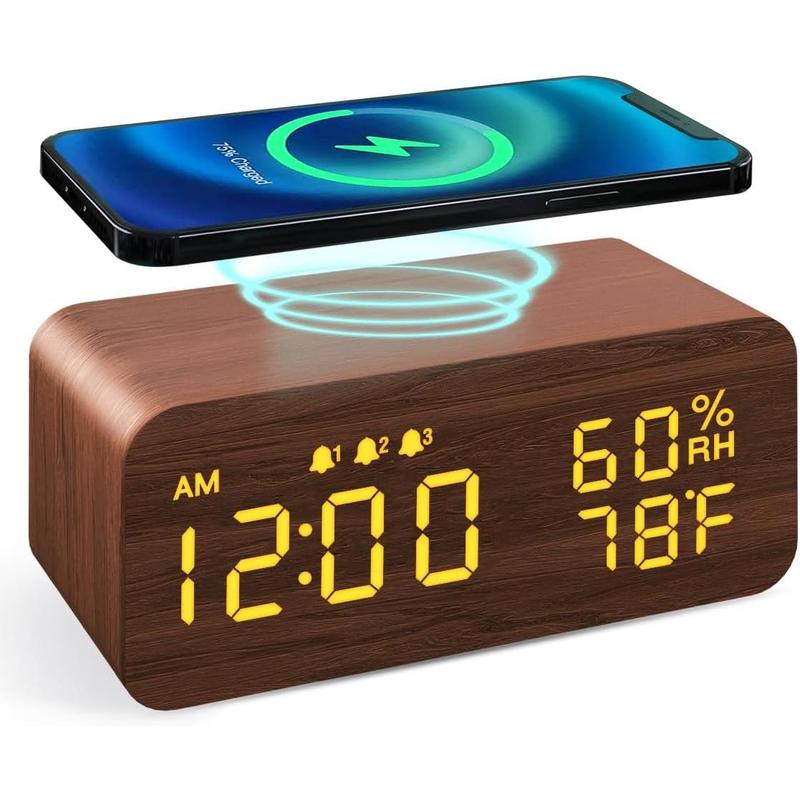 Wooden Digital Alarm Clock with Wireless Charging, Dimmable, Adjustable Volume, 3 Alarms, Weekday Weekend Mode, Snooze, Digital Clock for Bedroom, Bedside, Office (Black)