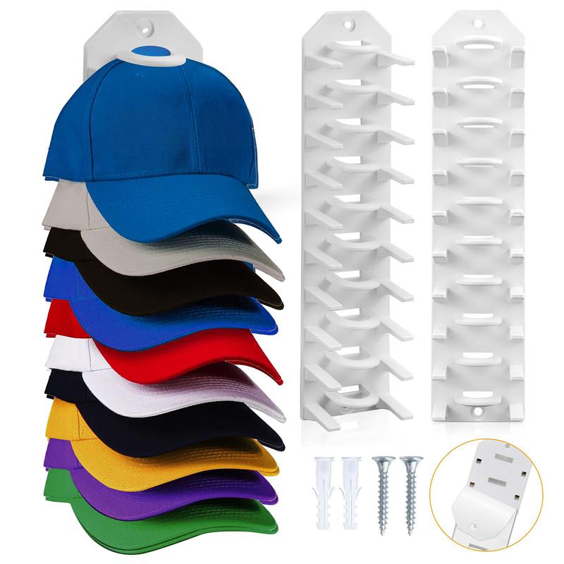 2 Pack Wall-mounted Baseball Cap Organizers with Adhesive Drilled Hat Hooks, Hat Hanger, Hat Storage and Display Rack for Door, Closet, Bedroom. white