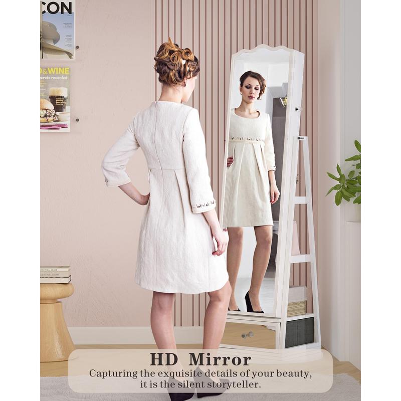 Miu Stand up Mirror with Jewelry Storage Armoire Box Organizer Full-length Mirror Jewelry Cabinet Standing with Lights - Ample Storage Drawer 360° Rotating Book Shelf 3 Colors LED Lighting Decor