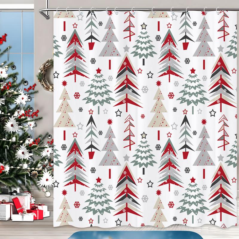 PAUSEBOLL Christmas Tree Shower Curtain, Xmas Tree Shower Sets Winter Snowflake New Year Holiday Home Bathroom Bathtubs Decor, Waterproof Polyester Fabric Bathroom Curtain Set with Hooks 72X72 Inches