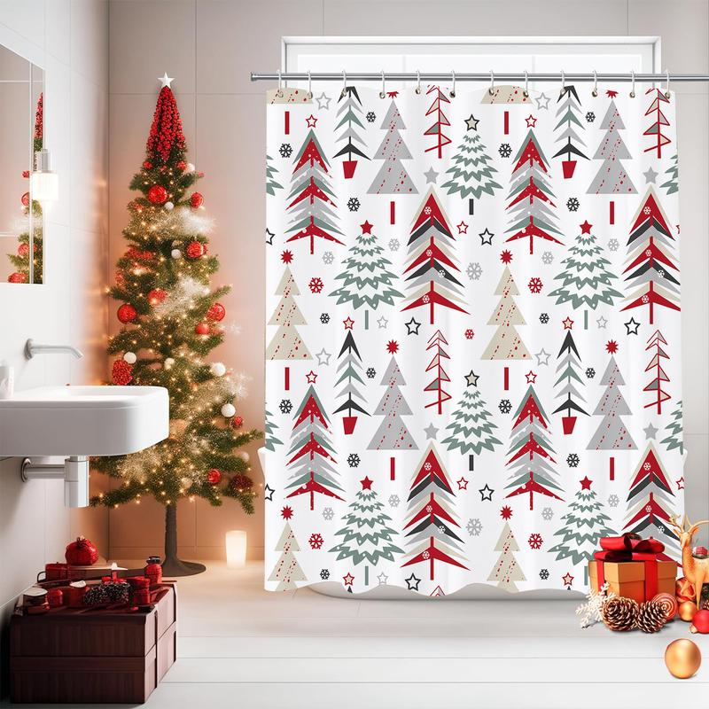 PAUSEBOLL Christmas Tree Shower Curtain, Xmas Tree Shower Sets Winter Snowflake New Year Holiday Home Bathroom Bathtubs Decor, Waterproof Polyester Fabric Bathroom Curtain Set with Hooks 72X72 Inches