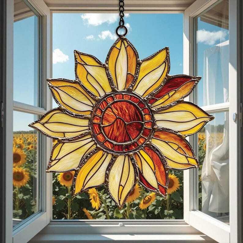 Sunflower Flower Suncatcher, Window Hanging, Sunflower Garden Ornament, Floral Faux Stained Glass, Gift for Mom Birthday Gift Home Decor