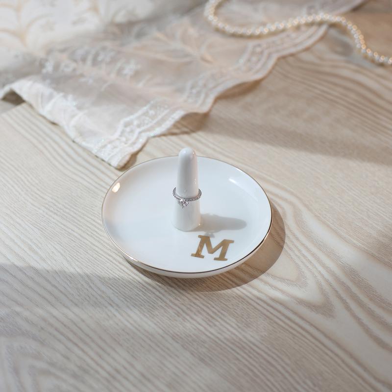 HOME SMILE Initials Ring Holder Jewery Tray -Monogrammed Engagement Gifts for Friends,Birthday Mother's Day Christmas Gifts for Women,Ceramic White