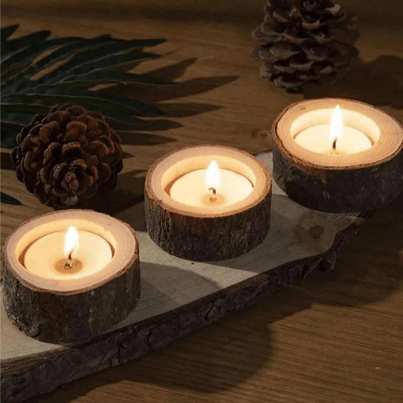 Wooden Log Candle Holder, 3 Counts Creative Wooden Candle Holder, Decorative Candle Holder for Home Party Wedding, Home Decor Supplies