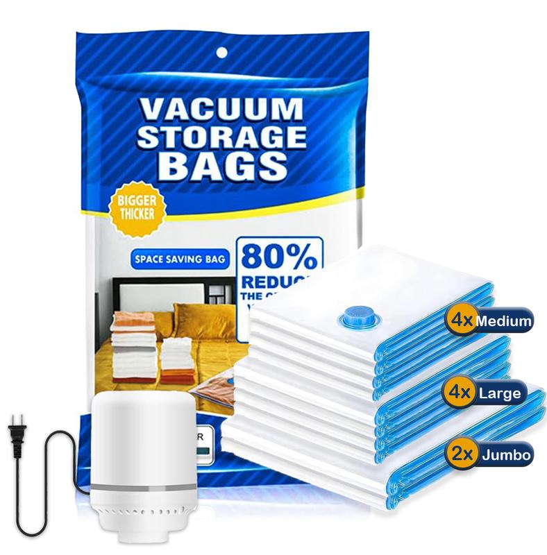 Vacuum Bag with Electric pump, 10pcs Multi Size Vaccum Clothes Storage  Bag & 1 Pump, Compression for Comforters and Blankets, Sealer Clothes Storage, Bedding Room School, Travel Family Organizers Reusable Waterproof Space Saving