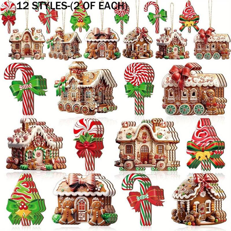 Cute Gingerbread House Candy Pattern Hanging Ornament, 24pcs set Wooden Hanging Decoration with Rope, Festive & Party Supplies for Home Decor