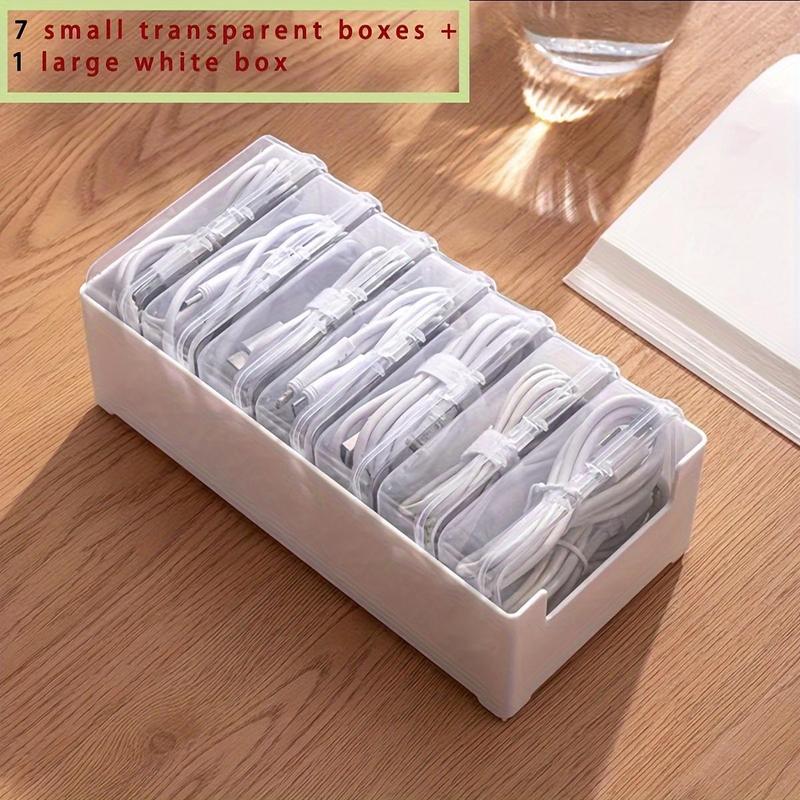 Cable Management Box, 1 Set Cable Organizer Including 7 Counts Flip Style Small Boxes & 1 Count Large Box, Desktop Charging Cable Storage Box for Office Home