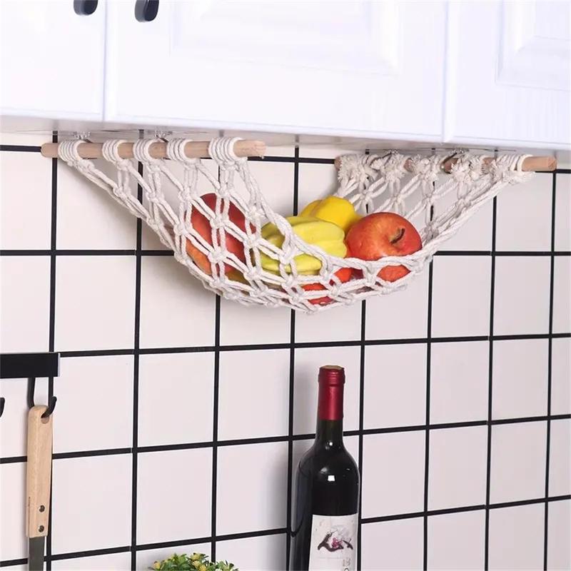 Hanging Fruit Basket, Wooden Hanging Fruit Storage Basket with 4 Hooks, Creative Fruit & Vegetable Hammock for Home Kitchen