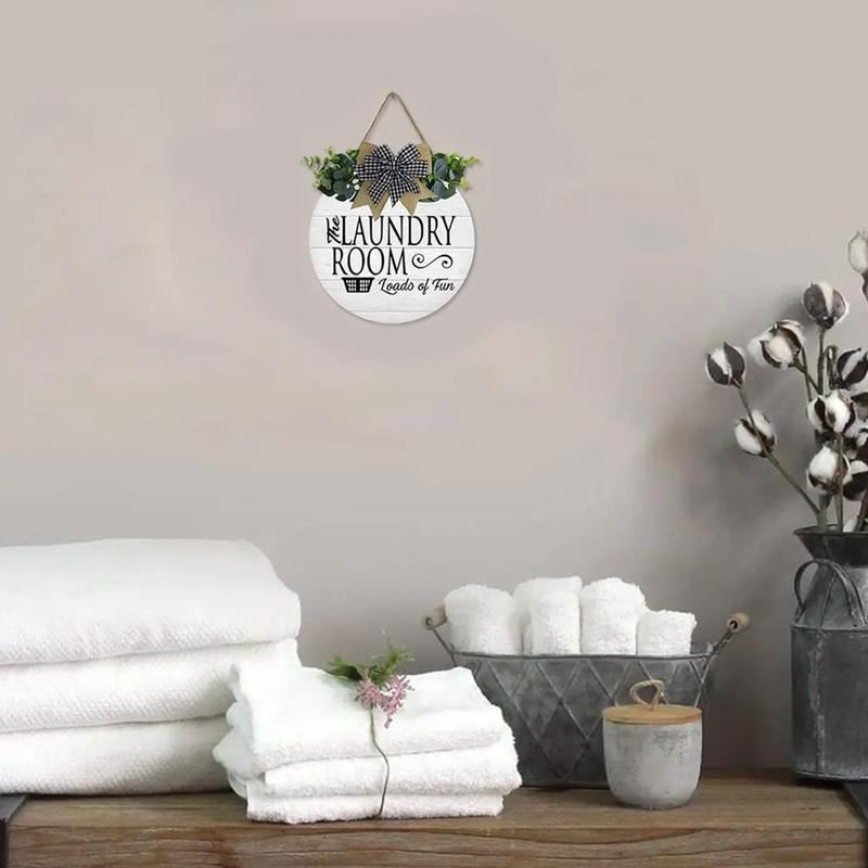 Laundry Room Sign, 1 Count Letter Pattern Wreath Decor Round Wooden Wall Art, Hanging Decoration for Laundry Room