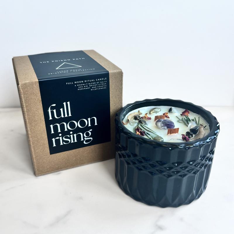 Full Moon Rising (Full Moon Spell Candle) | Wood Wick Crystal Candle | Scent - Salt Air + Rosemary + Wildflowers Decor Fragrance