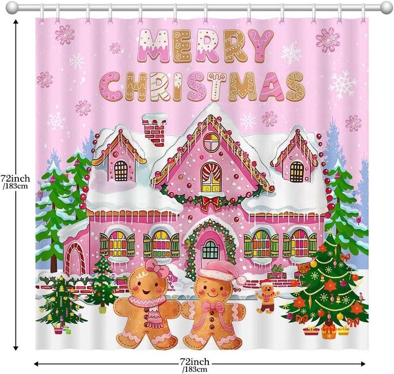 Christmas Gingerbread House Bathtub Shower Curtain - Pink Merry Christmas Design - 72x72inch - Waterproof - Easy Care - with 12 Plastic Hooks