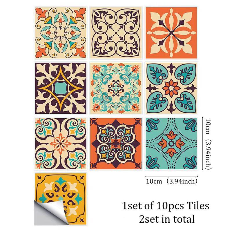 Bohemian Style Tile Self-adhesive Wall Sticker, 20pcs 2 Sets Waterproof Colorful Exquisite Wall Sticker, Wall Decal for Home Kitchen Dormitory Bathroom Hotel Decor