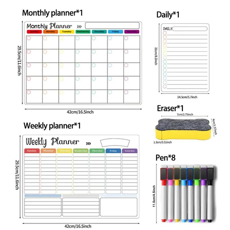 Refrigerator Magnetic Daily Calendar, Weekly Planner, Daily & Monthly Schedule with 8 Pen & Eraser, Fridge Magnetic Planner Sticker