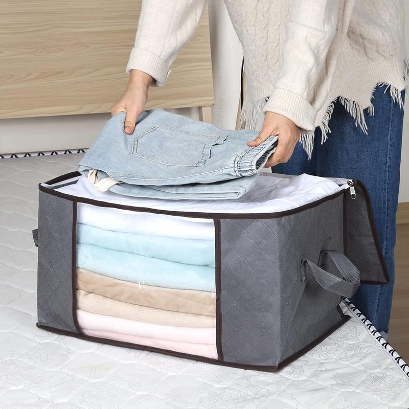 6 Pack Clothes Storage Organizers Foldable Clothing Storage Bags with Reinforced Handles Sturdy Zippers Storage Containers for Organizing Blanket Bedroom Closet Dorm Sweater, 60L, Gray