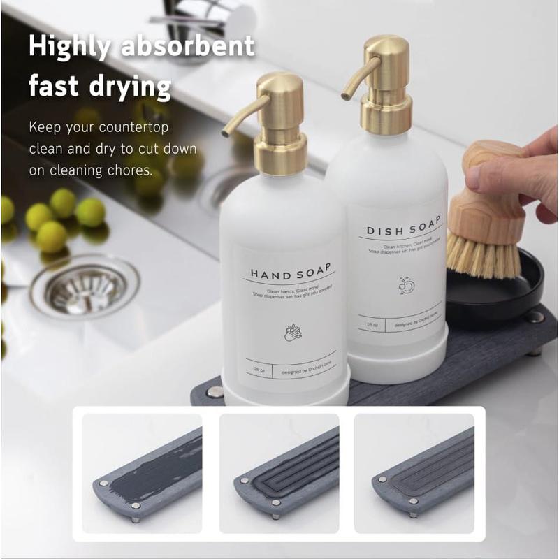 [Luxury] Kitchen Soap Dispenser Set - 16OZ White Glass Bottle, Stainless Steel Pump, Instant Dry Tray,  Labels, Non-Slip  Pad, and Dish Brush | Upgrade for Your Kitchen and Bathroom