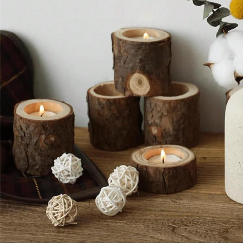 Wooden Log Candle Holder, 3 Counts Creative Wooden Candle Holder, Decorative Candle Holder for Home Party Wedding, Home Decor Supplies