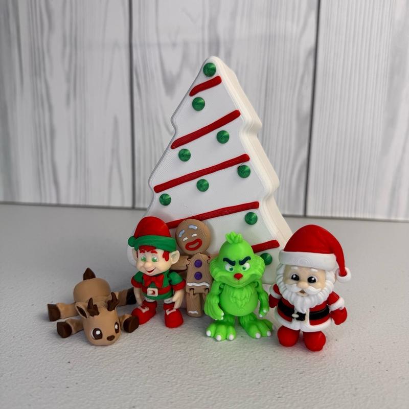 Christmas Mini Articulated Figures Set - Santa, Green Grump, Elf, Gingerbread Man, Reindeer - 3D Printed Holiday Toys