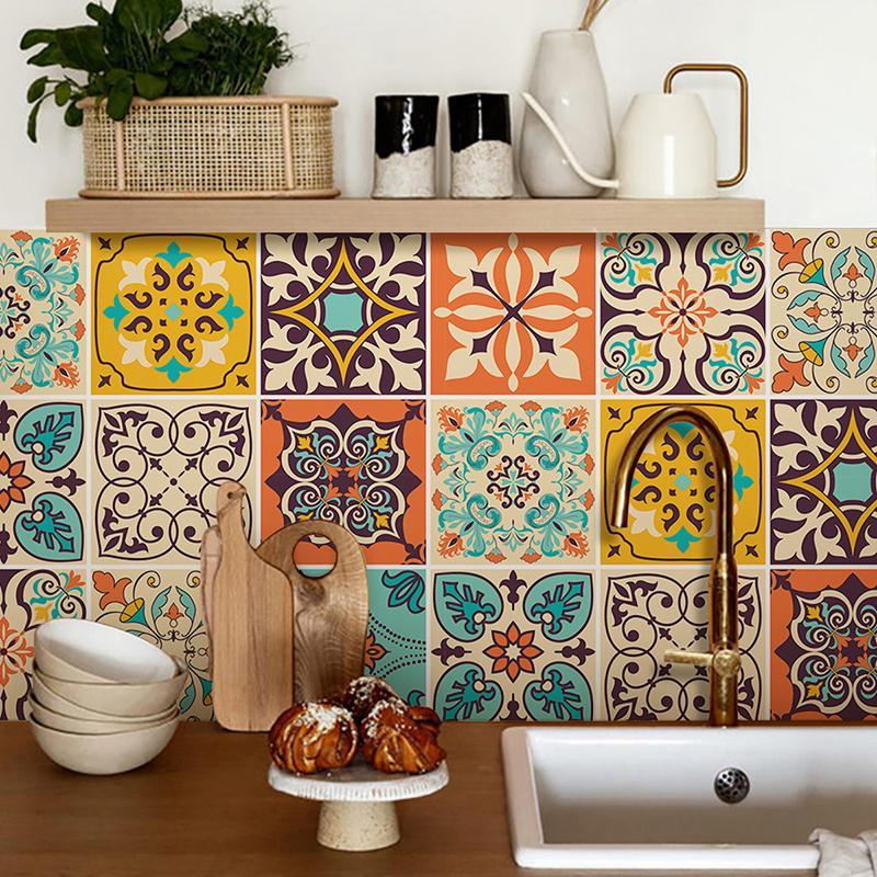 Bohemian Style Tile Self-adhesive Wall Sticker, 20pcs 2 Sets Waterproof Colorful Exquisite Wall Sticker, Wall Decal for Home Kitchen Dormitory Bathroom Hotel Decor