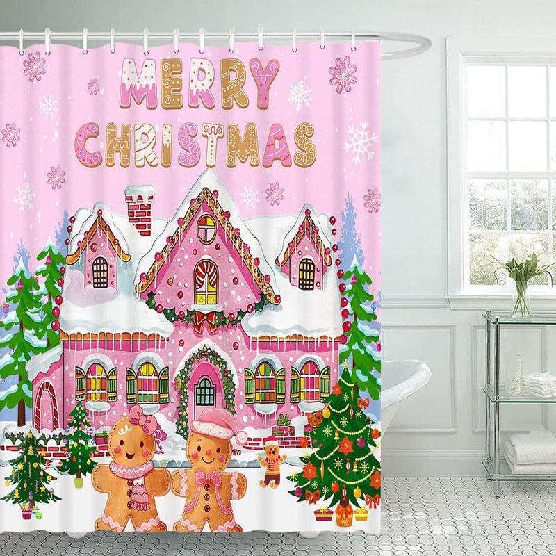 Christmas Gingerbread House Bathtub Shower Curtain - Pink Merry Christmas Design - 72x72inch - Waterproof - Easy Care - with 12 Plastic Hooks