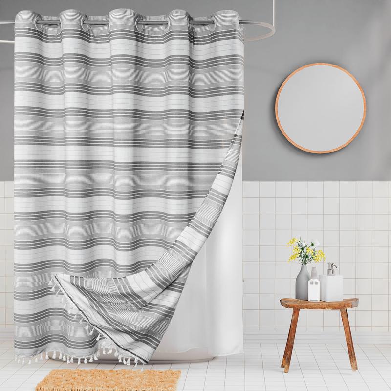 River Dream Beach No Hook Shower Curtain with Snap in Liner, with Tassels and Magnets,Water Repellent,71W×74L Inches