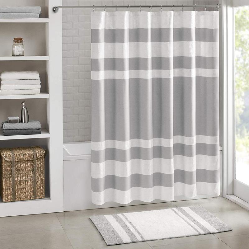 Shower Curtain Waffle Weave Striped Pieced Design Fabric Shower Curtains for Bathroom with 3M Scotchgard Moisture Management Premium Spa Quality Modern