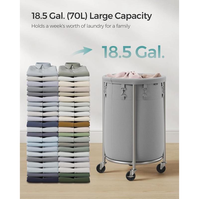 SONGMICS Laundry Basket with Wheels, Rolling Laundry Hamper, 18.5 Gal., Round Laundry Cart with Steel Frame and Removable Bag, 4 Casters and 2 Brakes, Gray and Silver URLS006G01