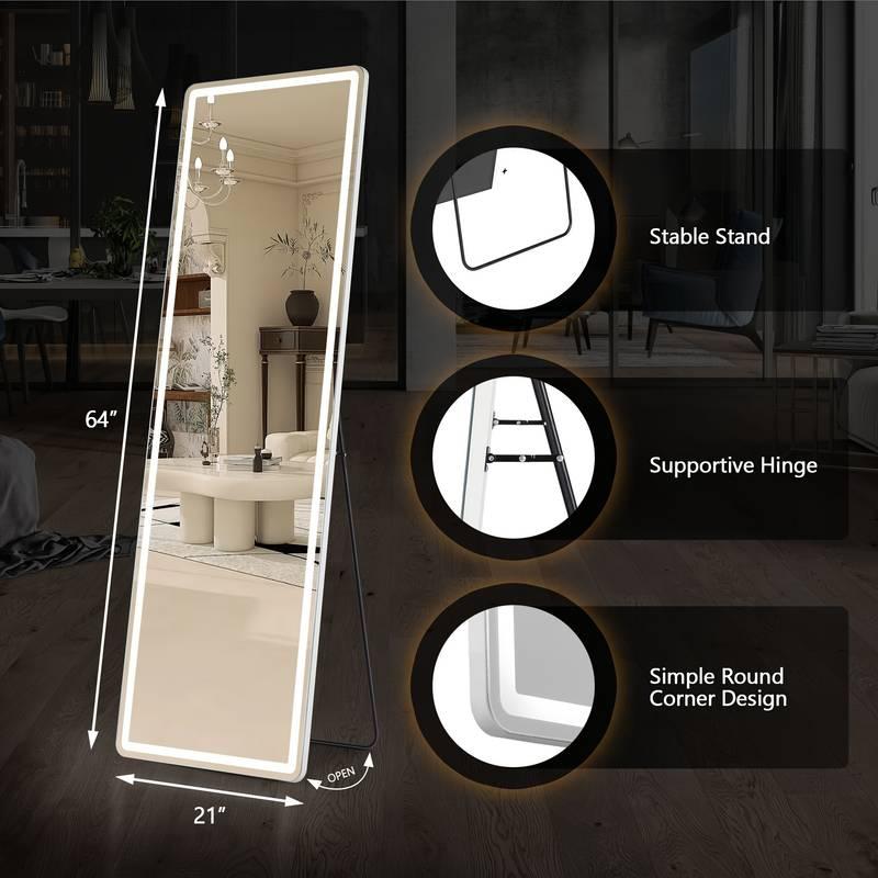 [LIVE3] 64” x 21” Full Length Mirror with LED Light, Floor Hanging Mirror Wall Mounted, Dimming & 3 Color Lighting for Bedroom Cloakroom Decor