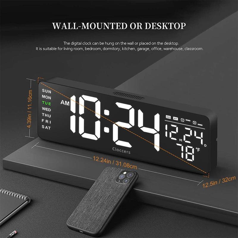 Large Digital Wall Clock, 12.5 16.5 Inch LED Wall Clock with 7 Color Changing Night Light, Battery Powered Auto Dimmer LED Wall Clock for Home, Office, Workplace